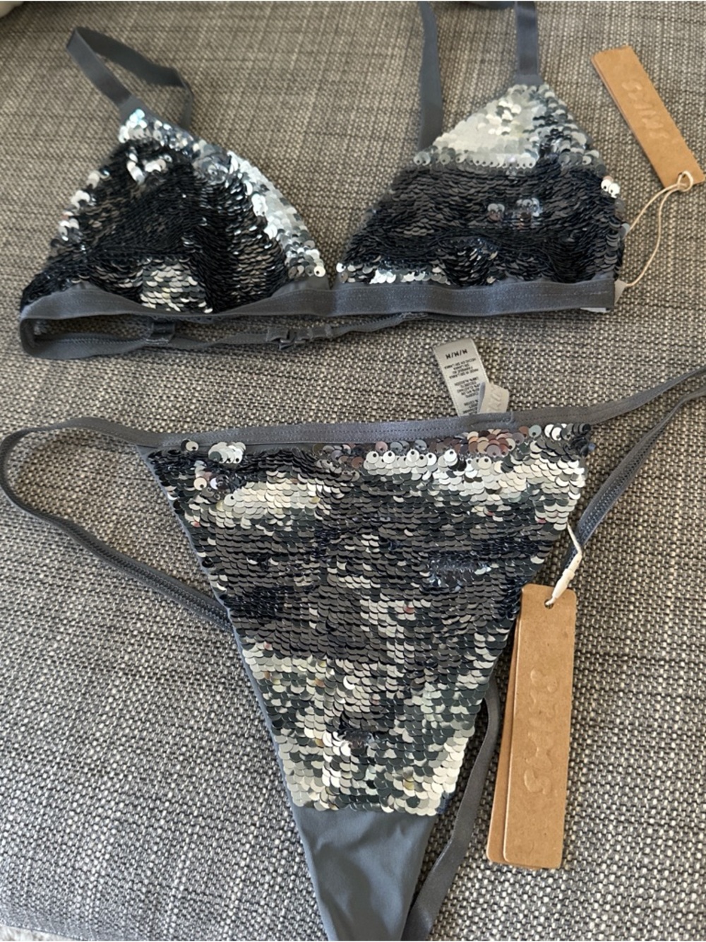 SKIMS Sequin Triangle Bikini Set in Silver and Black